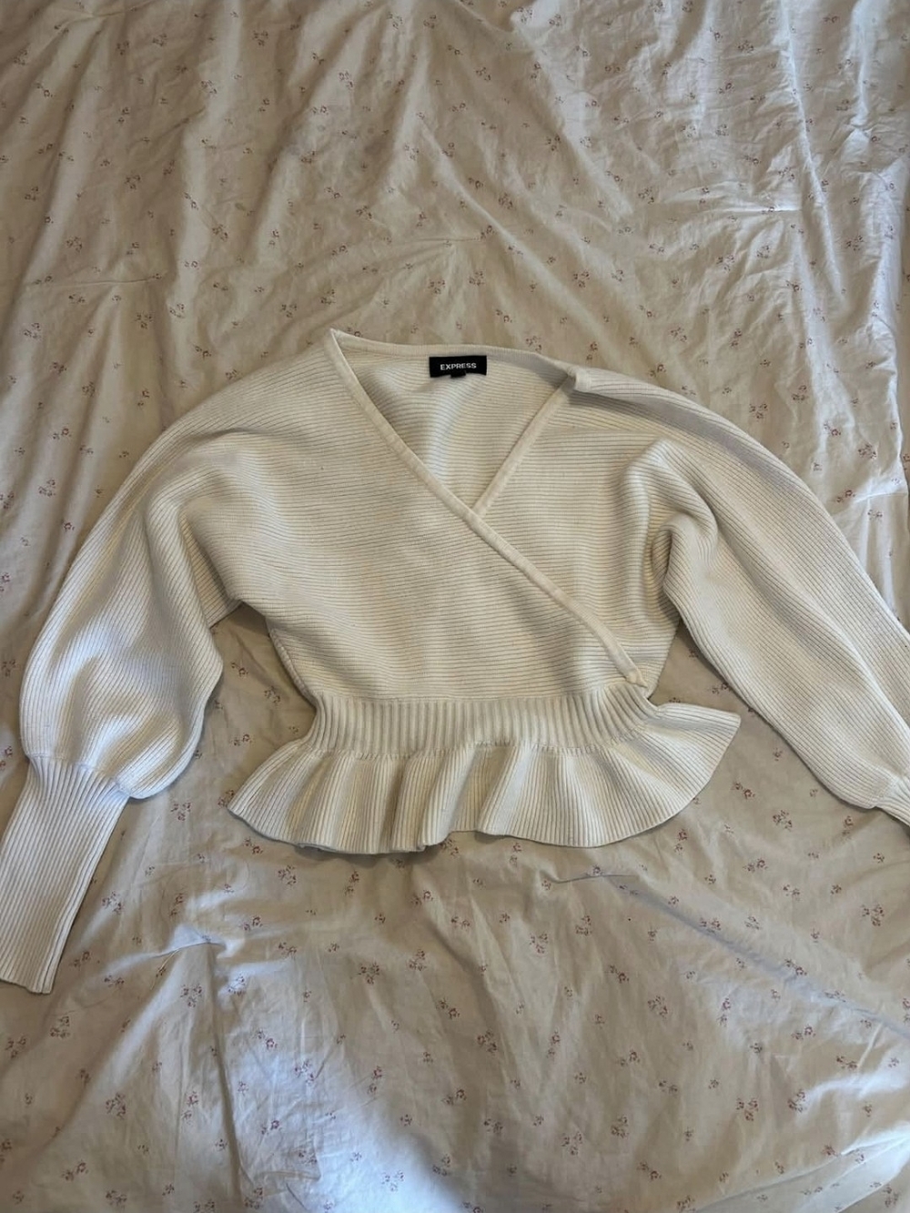 Express Cream Wrap V-Neck Peplum Ribbed Sweater